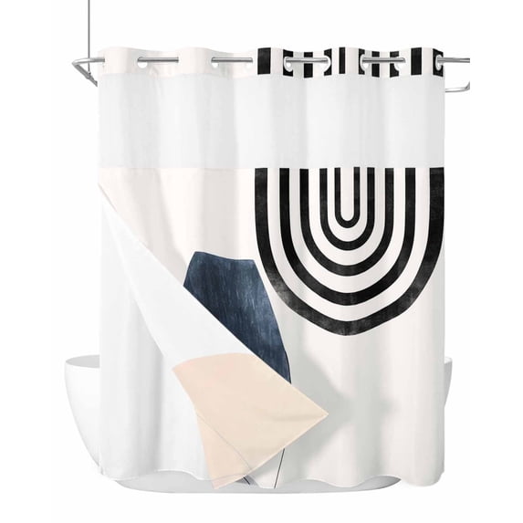 No Hook Cloth Fabric Shower Curtain with Snap in Liner, Boho Geometric Waterproof Shower Curtains Set with See Through Top Window, Modern Middle Century Abstract Striped Bath Curtains Shower 72"x72"