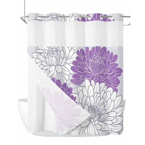 No Hook Cloth Fabric Shower Curtain with Snap in Liner, Botanical Floral Waterproof Shower Curtains Set with See Through Top Window, Farmhouse Spring Garden Flowers Motifs Bath Curtains 72"x78"