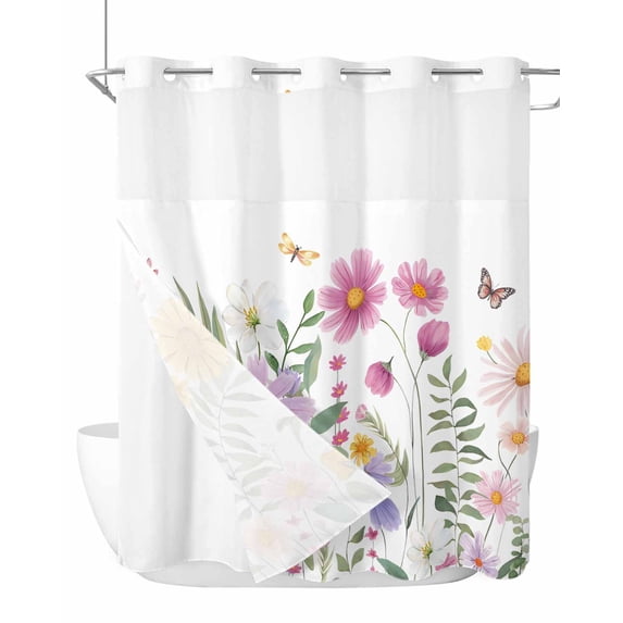 No Hook Cloth Fabric Shower Curtain with Snap in Liner, Botanical Floral Waterproof Shower Curtains Set with See Through Top Window, Spring Colorful Flowers Butterfly Bath Curtains Shower 72"x72"