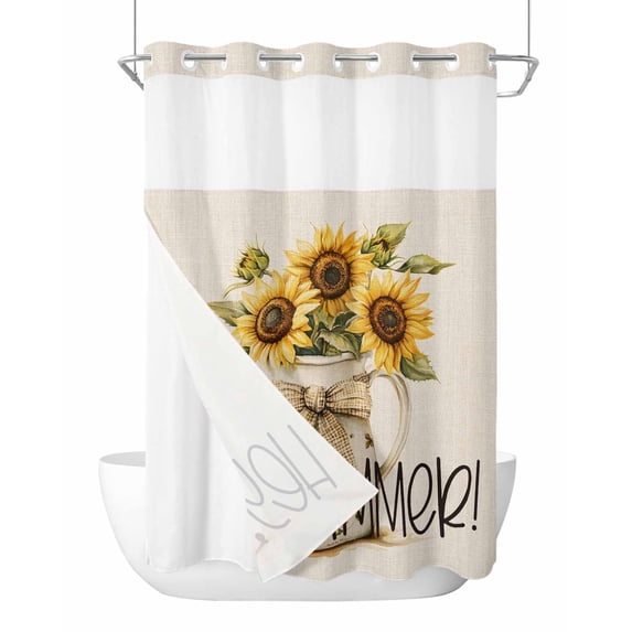 No Hook Cloth Fabric Shower Curtain with Snap in Liner, Botanical Sunflowers Waterproof Shower Curtains Set with See Through Top Window, Summer Blossom Flowers Floral Bath Curtains Shower 60"x72"