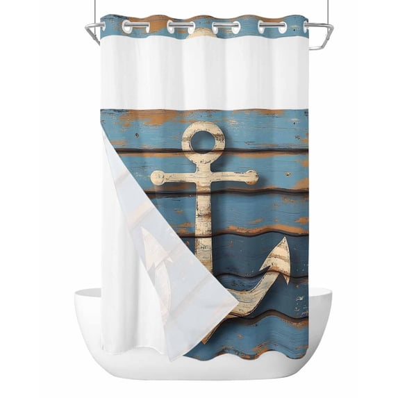 No Hook Cloth Fabric Shower Curtain with Snap in Liner, Brown Anchor Nautical Waterproof Shower Curtains Set with See Through Top Window, Vintage Coastal Navy Blue Wooden Bath Curtains Shower 36"x72"