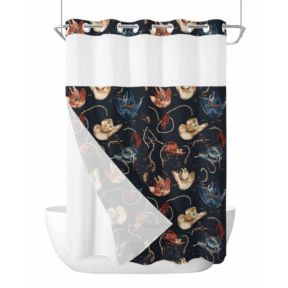 No Hook Cloth Fabric Shower Curtain with Snap in Liner, Brown Black Red Blue Cowboy Waterproof Shower Curtains Set with See Through Top Window, Country Western Vintage Bath Curtains Shower 60"x72"