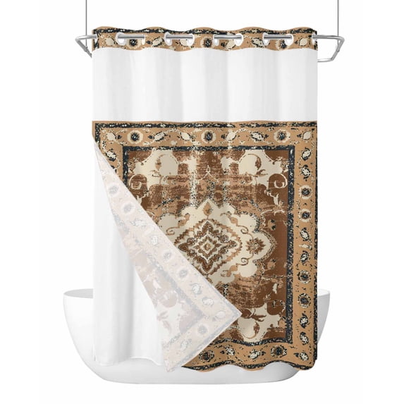 No Hook Cloth Fabric Shower Curtain with Snap in Liner, Brown Boho Waterproof Shower Curtains Set with See Through Top Window, Retro Western Rustic Ethnic Tribal Patterns Bath Curtains Shower 48"x72"