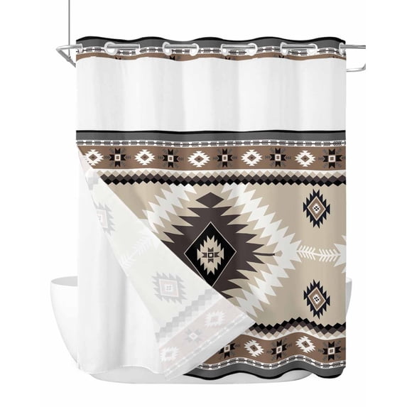 No Hook Cloth Fabric Shower Curtain with Snap in Liner, Brown Boho Waterproof Shower Curtains Set with See Through Top Window, Vintage Rustic Southwest Aztec Geometric Bath Curtains Shower 66"x72"