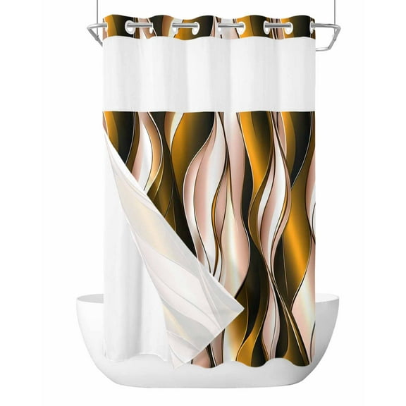 No Hook Cloth Fabric Shower Curtain with Snap in Liner, Brown Striped Ombre Waterproof Shower Curtains Set with See Through Top Window, Modern Brown Moire Geometric Bath Curtains Shower 54"x78"