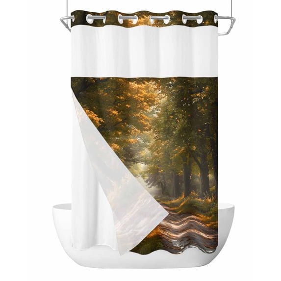 No Hook Cloth Fabric Shower Curtain with Snap in Liner, Brown Trees Waterproof Shower Curtains Set with See Through Top Window, Forest Art Decor Spring Summer Nature Leaf Bath Curtains Shower 54"x78"