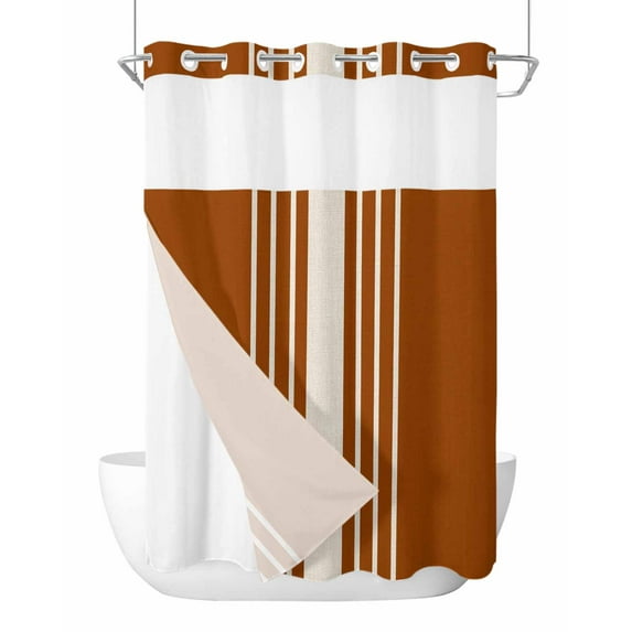 No Hook Cloth Fabric Shower Curtain with Snap in Liner, Burnt Orange Beige Striped Waterproof Shower Curtains Set with See Through Top Window, Modern Farmhouse Retro Lines Bath Curtains 60"x72"