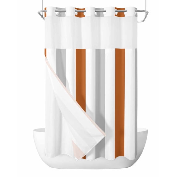No Hook Cloth Fabric Shower Curtain with Snap in Liner, Burnt Orange Gray Striped Waterproof Shower Curtains Set with See Through Top Window, Farmhouse Stripe Art Bath Curtains Shower 54"x78"