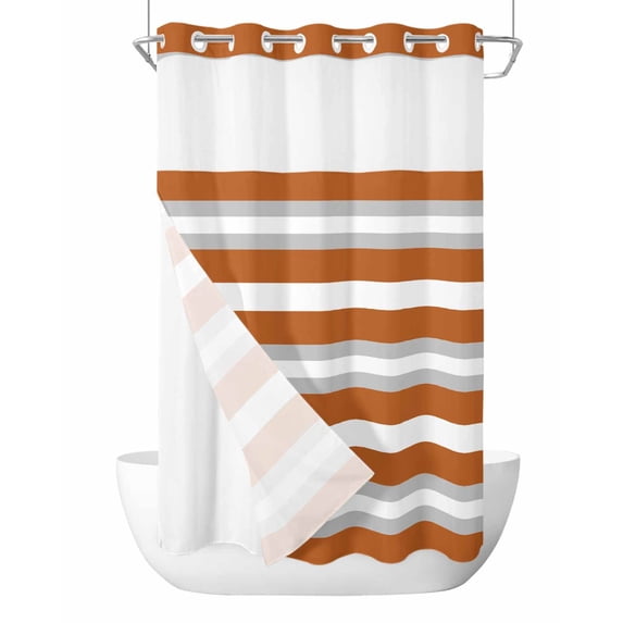 No Hook Cloth Fabric Shower Curtain with Snap in Liner, Burnt Orange Grey Stripe Waterproof Shower Curtains Set with See Through Top Window, Minimalist Farmhouse Striped Bath Curtains Shower 36"x78"