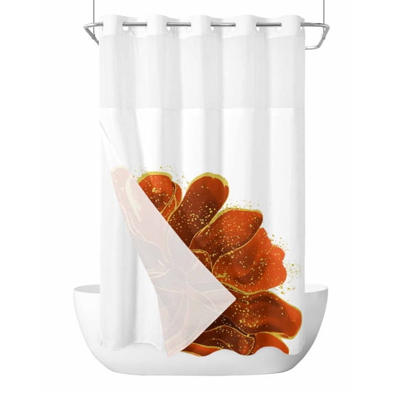No Hook Cloth Fabric Shower Curtain with Snap in Liner, Burnt Orange Waterproof Shower Curtains Set with See Through Top Window, Sparkle Gold Stained Floral Flower Art Bath Curtains Shower 36"x72"