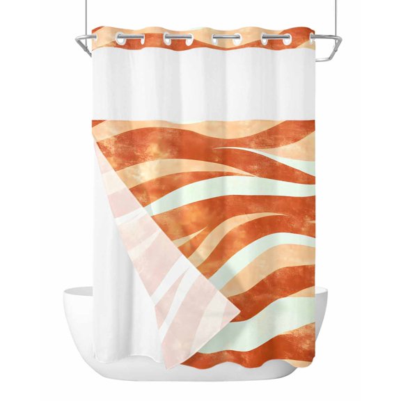 No Hook Cloth Fabric Shower Curtain with Snap in Liner, Burnt Orange Waves Waterproof Shower Curtains Set with See Through Top Window, Ombre Sea Ripples Shabby Beach Bath Curtains Shower 48"x72"