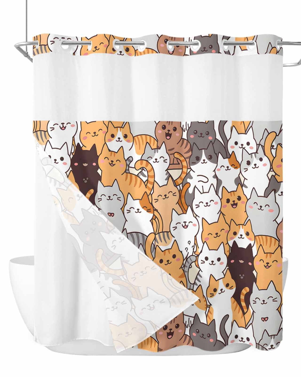 No Hook Cloth Fabric Shower Curtain with Snap in Liner, Cartoon Cat