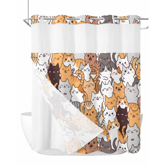 No Hook Cloth Fabric Shower Curtain with Snap in Liner, Cartoon Cat Waterproof Shower Curtains Set with See Through Top Window, Modern Funny Cute Orange Gray Animals Bath Curtains Shower 72"x72"