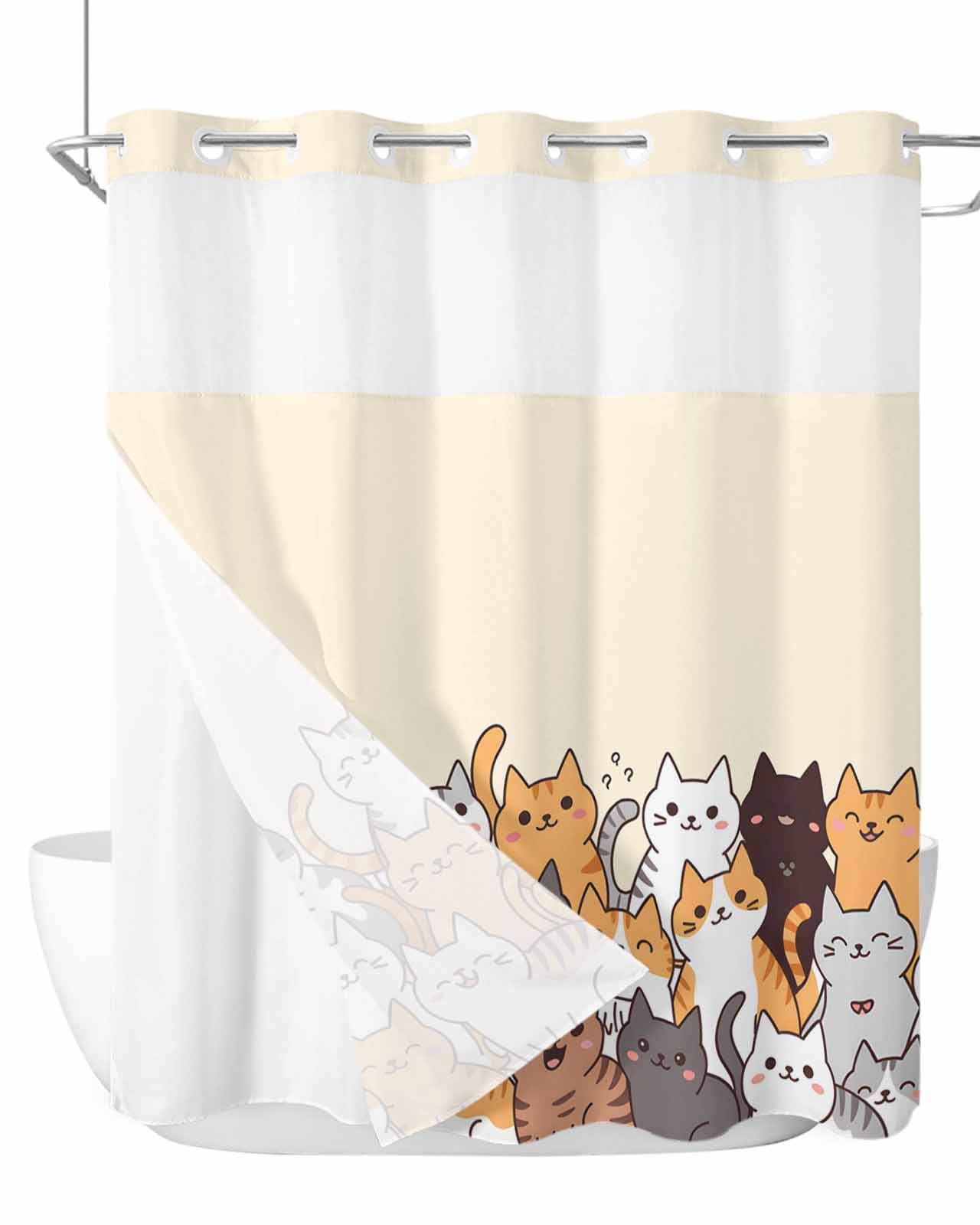 No Hook Cloth Fabric Shower Curtain with Snap in Liner, Cartoon Cat