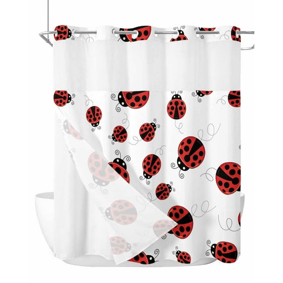 No Hook Cloth Fabric Shower Curtain with Snap in Liner, Cartoon Ladybug Waterproof Shower Curtains Set with See Through Top Window, Funny Animals Dot Modern Simple Bath Curtains Shower 66"x72"