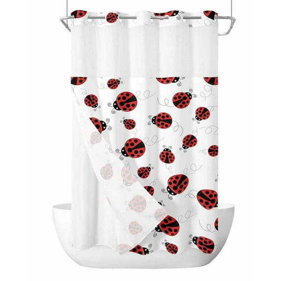 No Hook Cloth Fabric Shower Curtain with Snap in Liner, Cartoon Ladybug Waterproof Shower Curtains Set with See Through Top Window, Funny Animals Dot Modern Simple Bath Curtains Shower 36"x72"