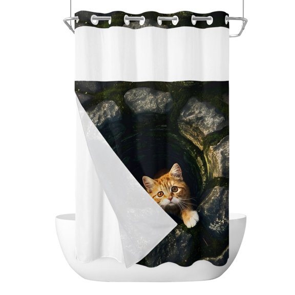 No Hook Cloth Fabric Shower Curtain with Snap in Liner, Cat Waterproof Shower Curtains Set with See Through Top Window, Stone Well Darkness Rustic Mysterious Bath Curtains Shower 36"x72"