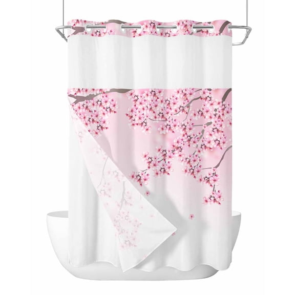 No Hook Cloth Fabric Shower Curtain with Snap in Liner, Cherry Blossom Waterproof Shower Curtains Set with See Through Top Window, Gradient Tree Pink Flower Plant Bath Curtains Shower 60"x72"