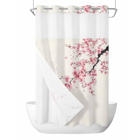 No Hook Cloth Fabric Shower Curtain with Snap in Liner, Cherry Blossoms Waterproof Shower Curtains Set with See Through Top Window, Pink Flower Floral Spring Nature Country Bath Curtains 54"x78"
