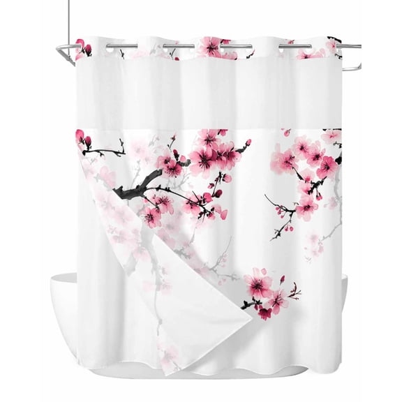 No Hook Cloth Fabric Shower Curtain with Snap in Liner, Cherry Blossoms Waterproof Shower Curtains Set with See Through Top Window, Pink Pastoral Modern Gradient Spring Bath Curtains Shower 66"x72"