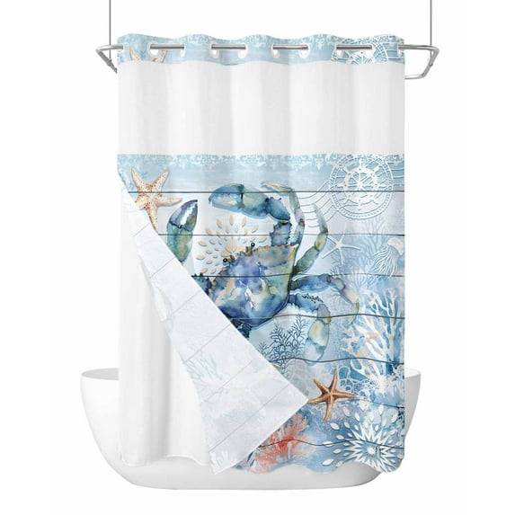 No Hook Cloth Fabric Shower Curtain with Snap in Liner, Coastal Blue Crab Waterproof Shower Curtains Set with See Through Top Window, Ocean Nautical Starfish Coral Wooden Bath Curtains Shower 48"x72"