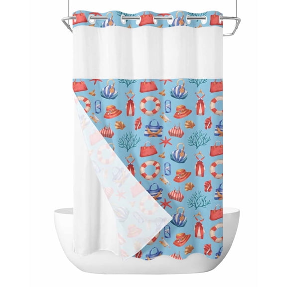 No Hook Cloth Fabric Shower Curtain with Snap in Liner, Coastal Blue Waterproof Shower Curtains Set with See Through Top Window, Tropical Starfish Coral Summer Beach Bath Curtains Shower 36"x78"