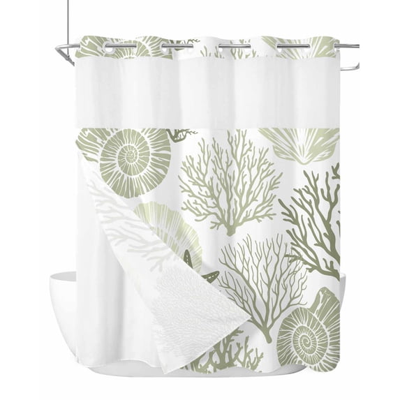 No Hook Cloth Fabric Shower Curtain with Snap in Liner, Coastal Sage Green Waterproof Shower Curtains Set with See Through Top Window, Ocean Coral Starfish Shell Modern Bath Curtains Shower 72"x78"