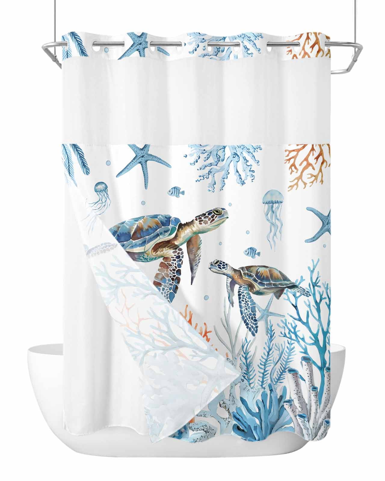 No Hook Cloth Fabric Shower Curtain with Snap in Liner, Coastal Turtle ...