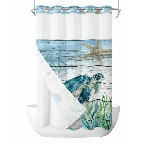 No Hook Cloth Fabric Shower Curtain with Snap in Liner, Coastal Turtle Waterproof Shower Curtains Set with See Through Top Window, Nautical Ocean Shells Seaweeds Starfish Bath Curtains Shower 36"x78"