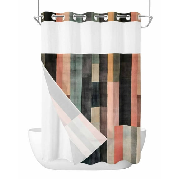 No Hook Cloth Fabric Shower Curtain with Snap in Liner, Color Striped Waterproof Shower Curtains Set with See Through Top Window, Modern Abstract Art Vertical Stripe Bath Curtains Shower 72"x96"