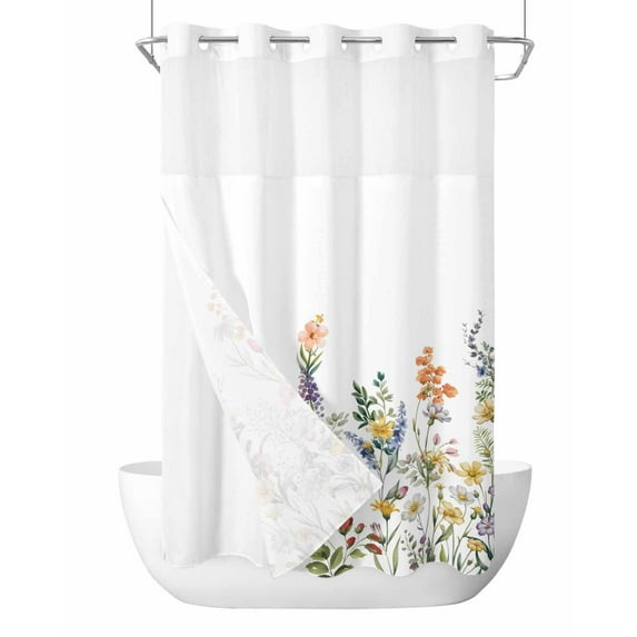 No Hook Cloth Fabric Shower Curtain with Snap in Liner, Colorful Flowers Waterproof Shower Curtains Set with See Through Top Window, Watercolor Botanical Floral Herbs Bath Curtains Shower 36"x72"