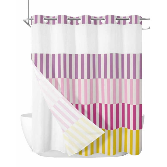 No Hook Cloth Fabric Shower Curtain with Snap in Liner, Colorful Stripe Waterproof Shower Curtains Set with See Through Top Window, Modern Pink Purple Yellow Vertical Striped Bath Curtains 66"x72"