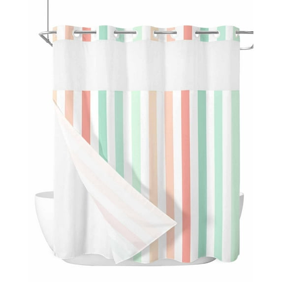 No Hook Cloth Fabric Shower Curtain with Snap in Liner, Coral Cyan Stripe Waterproof Shower Curtains Set with See Through Top Window, Geometric Grey White Vertical Striped Bath Curtains 72"x78"