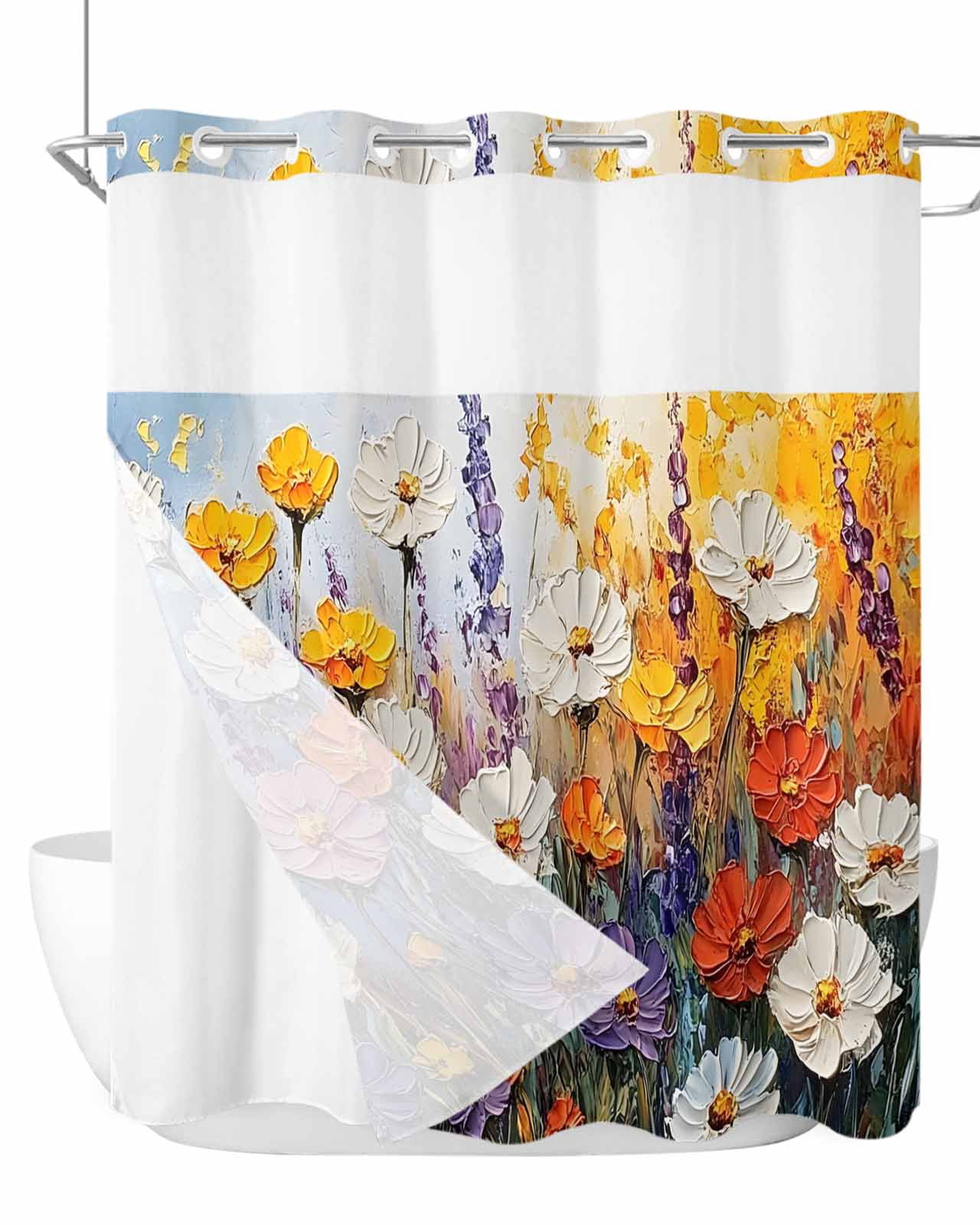 No Hook Cloth Fabric Shower Curtain with Snap in Liner, Country Flowers ...