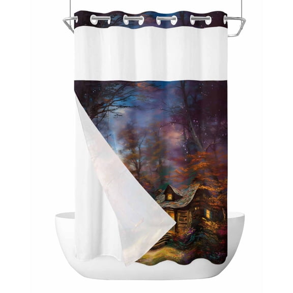No Hook Cloth Fabric Shower Curtain with Snap in Liner, Country Forest Waterproof Shower Curtains Set with See Through Top Window, Farmhouse Nature Trees Cabin Starry Sky Bath Curtains Shower 36"x72"