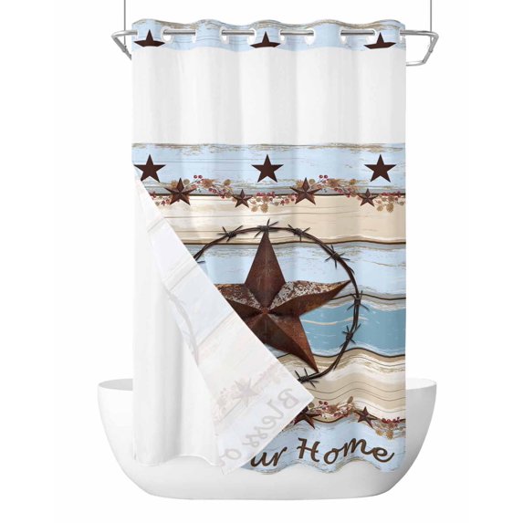 No Hook Cloth Fabric Shower Curtain with Snap in Liner, Country Star Blue Waterproof Shower Curtains Set with See Through Top Window, Farmhouse Western Texas Star Barn Bath Curtains Shower 36"x78"