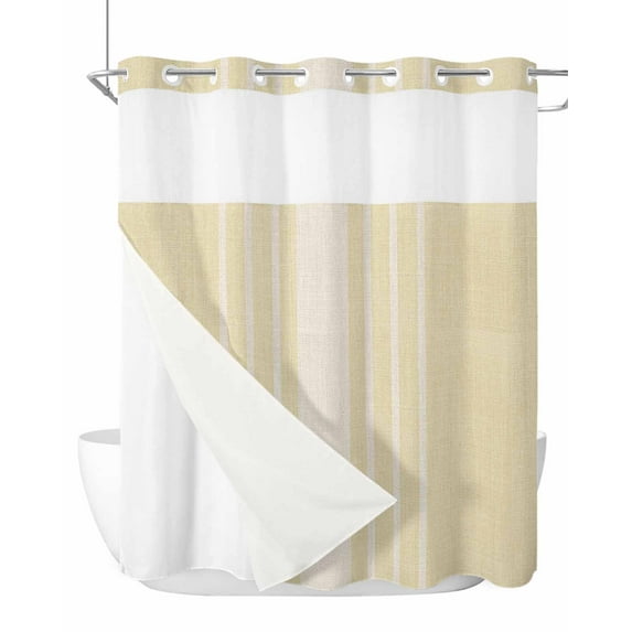 No Hook Cloth Fabric Shower Curtain with Snap in Liner, Cream Beige Striped Waterproof Shower Curtains Set with See Through Top Window, Modern Farmhouse Retro Lines Bath Curtains Shower 72"x72"