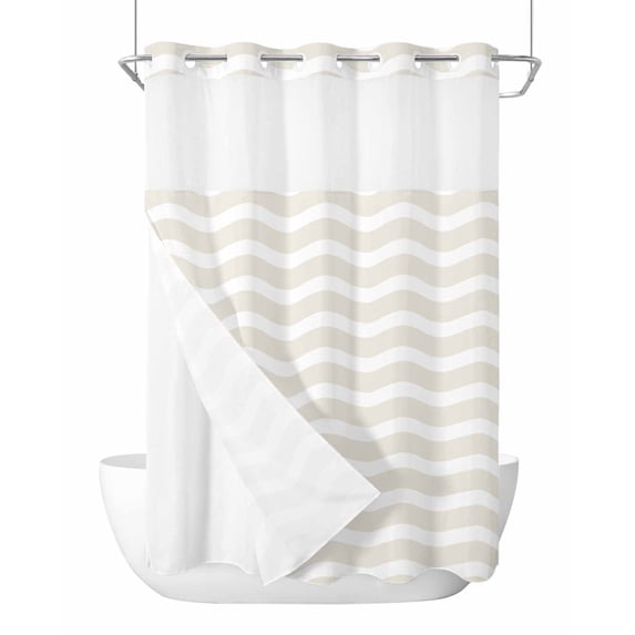No Hook Cloth Fabric Shower Curtain with Snap in Liner, Cream Moire Waterproof Shower Curtains Set with See Through Top Window, Water Ripple Stripe Farmhouse Bath Curtains Shower 48"x72"