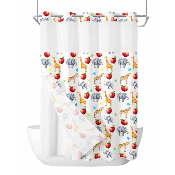 No Hook Cloth Fabric Shower Curtain with Snap in Liner, Cute Giraffe Elephant Waterproof Shower Curtains Set with See Through Top Window, Blue Green Star Fruits Bath Curtains Shower 60"x72"