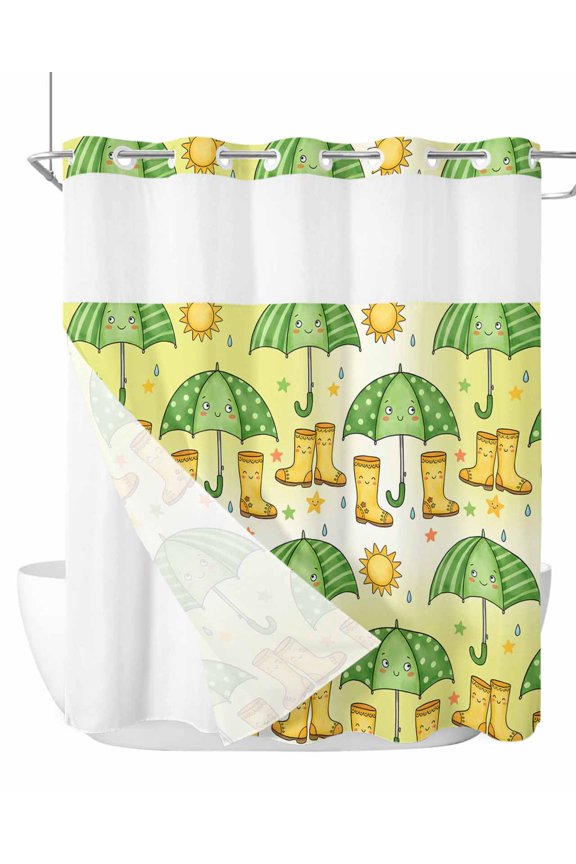 No Hook Cloth Fabric Shower Curtain with Snap in Liner, Cute Green Umbrella Waterproof Shower Curtains Set with See Through Top Window, Cartoon Rain Boots Yellow Ombre Bath Curtains Shower 72"x72"