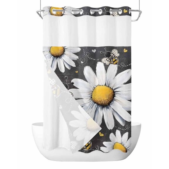 No Hook Cloth Fabric Shower Curtain with Snap in Liner, Daisy Bee Waterproof Shower Curtains Set with See Through Top Window, Summer Botanical Farmhouse Flower Plants Bath Curtains Shower 36"x78"