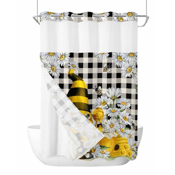 No Hook Cloth Fabric Shower Curtain with Snap in Liner, Daisy Floral Waterproof Shower Curtains Set with See Through Top Window, Bee Gnomes Flowers Black White Plaid Bath Curtains Shower 60"x72"