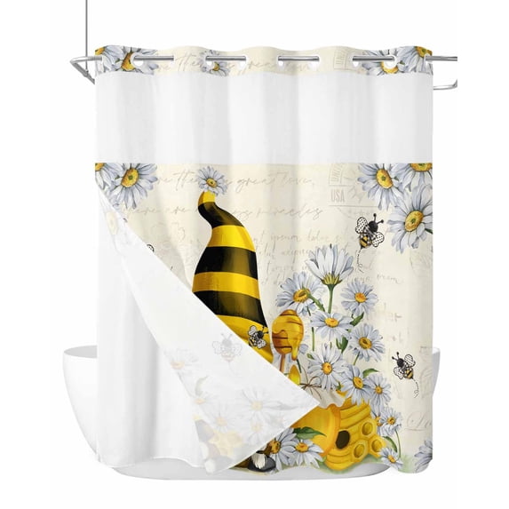No Hook Cloth Fabric Shower Curtain with Snap in Liner, Daisy Floral Waterproof Shower Curtains Set with See Through Top Window, Vintage Rustic Bee Gnomes Flowers Bath Curtains Shower 72"x78"