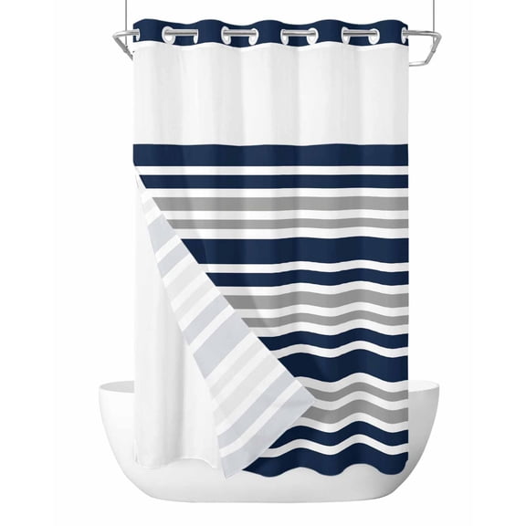 No Hook Cloth Fabric Shower Curtain with Snap in Liner, Dark Blue Gray Waterproof Shower Curtains Set with See Through Top Window, Horizontal Stripe Minimalist Geometric Bath Curtains Shower 54"x78"