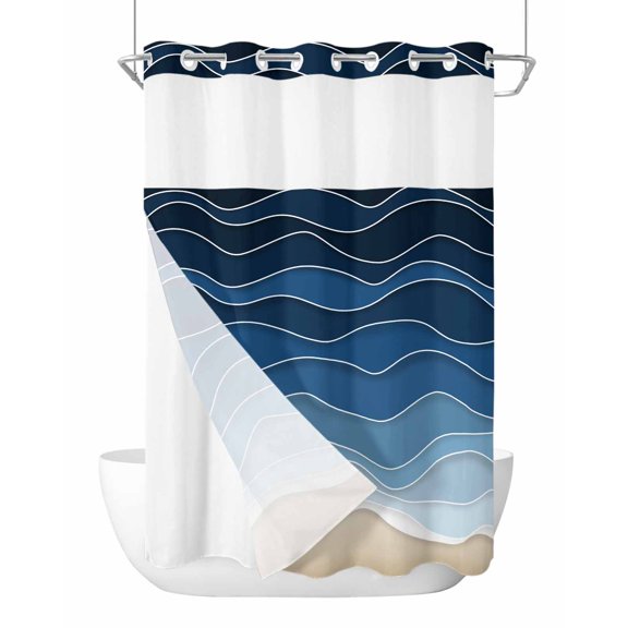 No Hook Cloth Fabric Shower Curtain with Snap in Liner, Dark Blue Waves Waterproof Shower Curtains Set with See Through Top Window, Modern Minimalism Ombre Sea Waves Bath Curtains Shower 60"x72"