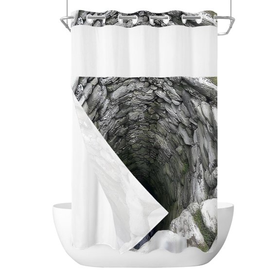 No Hook Cloth Fabric Shower Curtain with Snap in Liner, Deep Well Waterproof Shower Curtains Set with See Through Top Window, Cave Opening Rustic Mystical Natural Bath Curtains Shower 36"x78"