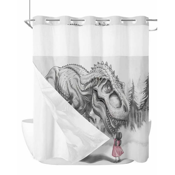 No Hook Cloth Fabric Shower Curtain with Snap in Liner, Dinosaurs Girl Waterproof Shower Curtains Set with See Through Top Window, Gray Funny Cartoon Animals Forest Bath Curtains Shower 72"x78"