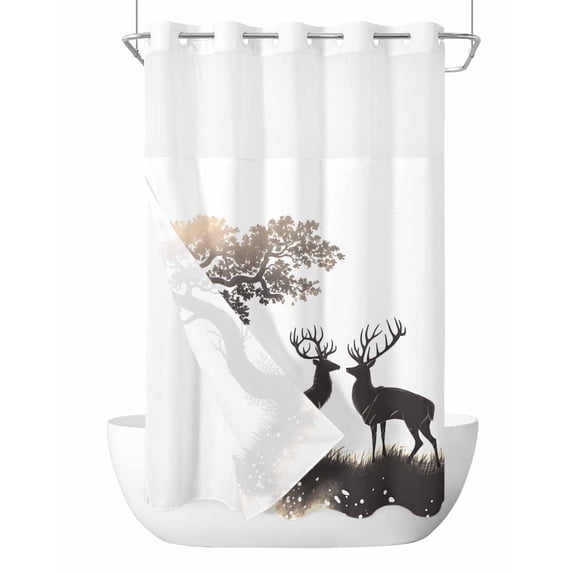 No Hook Cloth Fabric Shower Curtain with Snap in Liner, Elk Silhouette Waterproof Shower Curtains Set with See Through Top Window, Retro Nature Forest Antlers Tree Branch Bath Curtains Shower 36"x72"