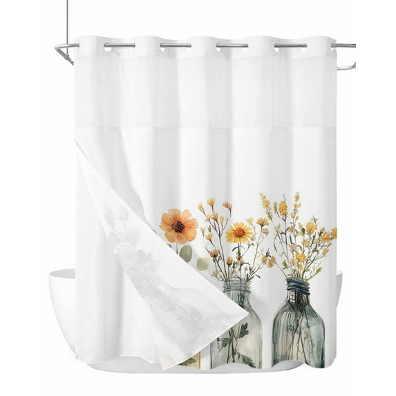 No Hook Cloth Fabric Shower Curtain with Snap in Liner, Eucalyptus Flower Waterproof Shower Curtains Set with See Through Top Window, Orange Floral Sage Green Leaf Daisy Bath Curtains Shower 72"x72"