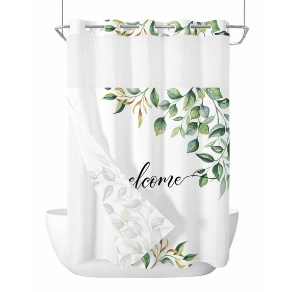 No Hook Cloth Fabric Shower Curtain with Snap in Liner, Eucalyptus Waterproof Shower Curtains Set with See Through Top Window, Sage Green Vines Branch Watercolor Plant Bath Curtains Shower 60"x72"